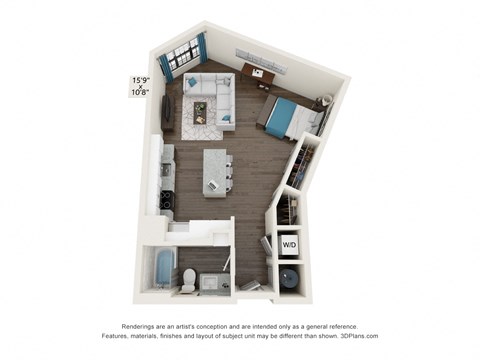 Floor plan for studio, 1 bath, 647 sqft